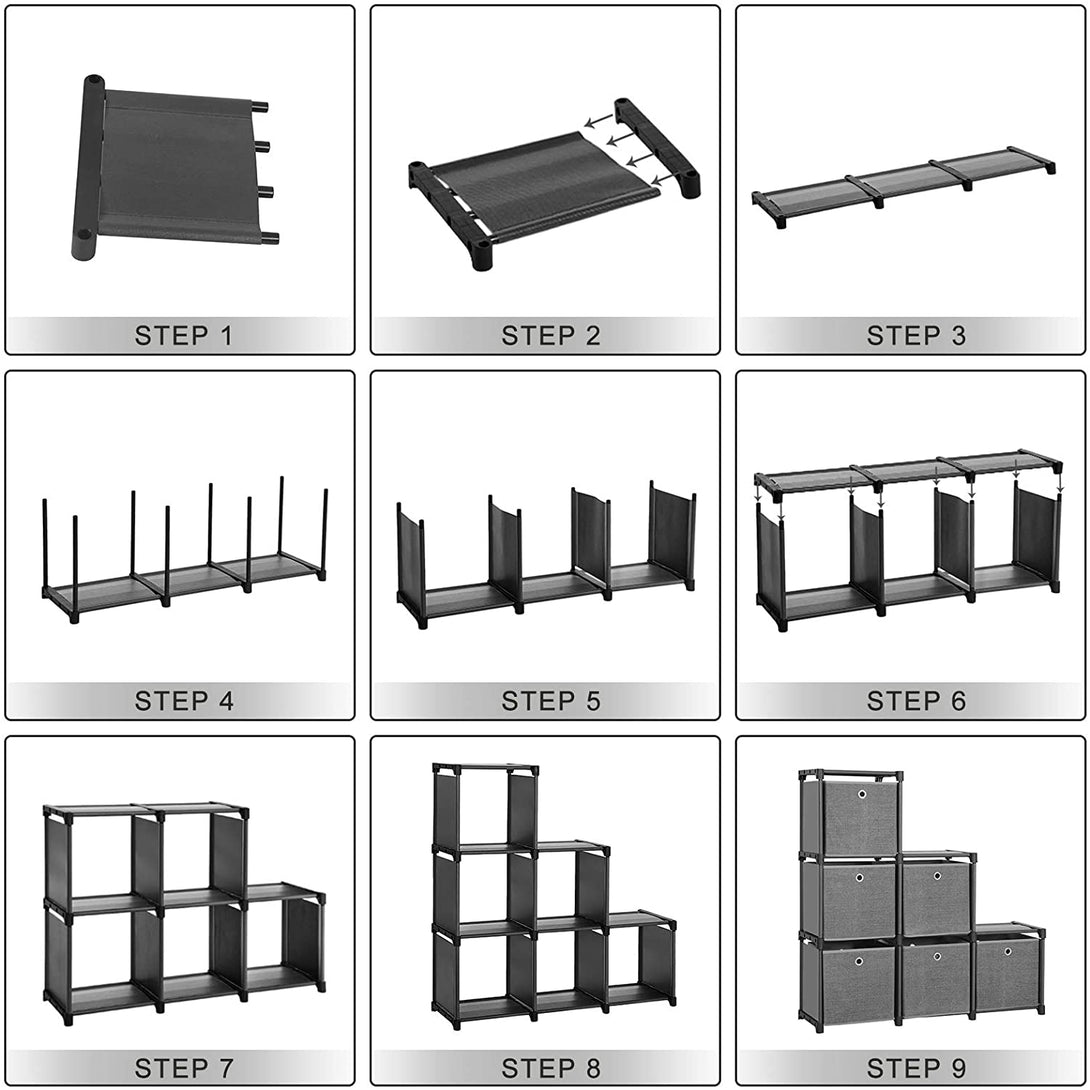 Bezskrutkový regálový úložný systém na 6 kociek so 6 látkovými boxmi, kovový rám, 105 x 105 x 30, čierna-Vashome.sk