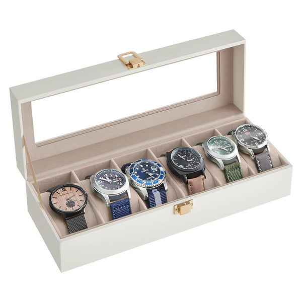 Box na hodinky so 6 priehradkami, so skleneným vekom, biely s béžovou podšívkou-Vashome.sk