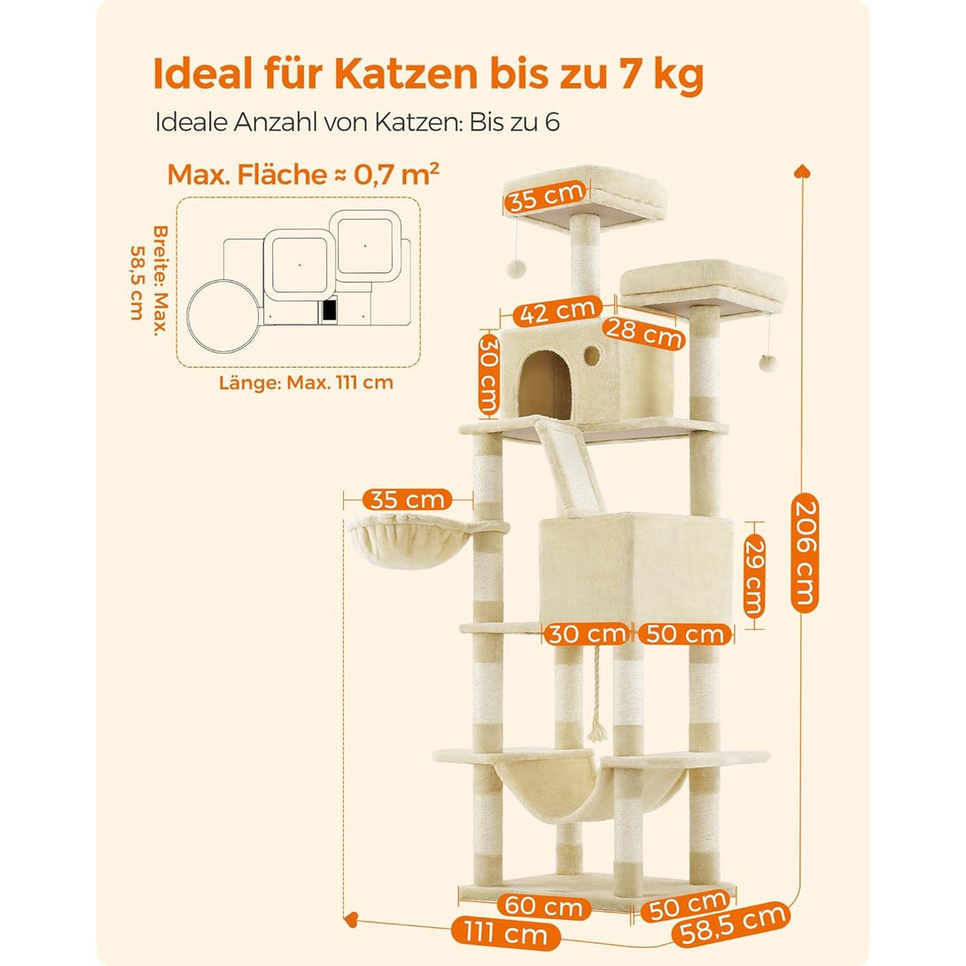 Feandrea nagyméretű kaparófa, 206 cm magas, XXL macskafa, bézs színben-Vashome.sk