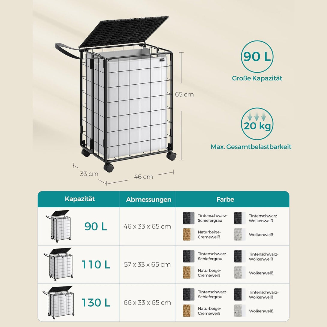 Kôš na bielizeň, 90 l, skladací kôš na bielizeň s kolieskami, čierna a biela farba-Vashome.sk