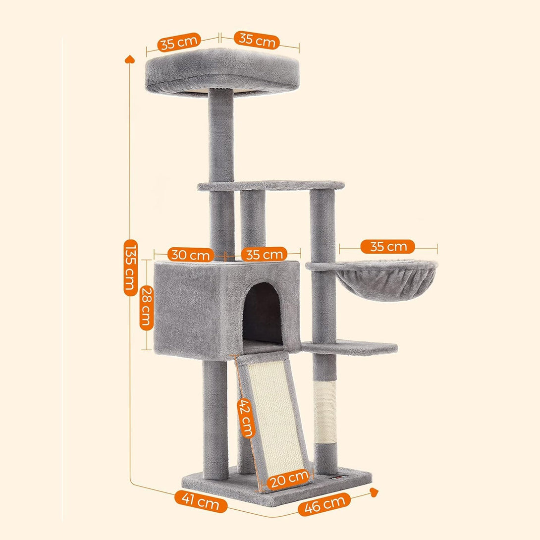 Mačací strom, škrabadlo pre mačky s jaskyňou, výška 132 cm, sivý | FEANDREA-Vashome.sk