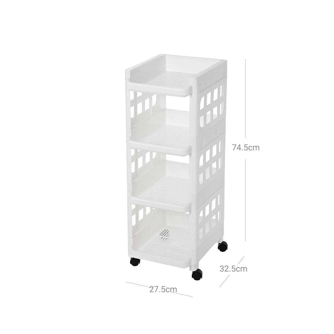SONGMICS Odkladací vozík so 4 policami, plastový policový diel s kolieskami, 27,5 x 32,5 x 74,5 cm-Vashome.sk