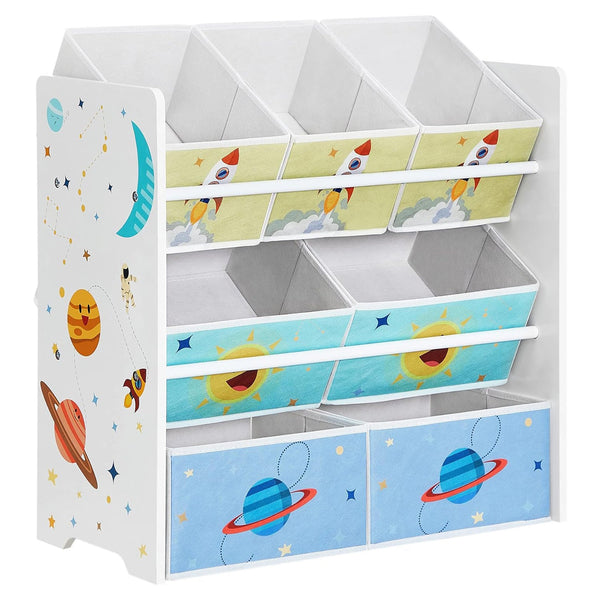 Regál na hračky so 7 úložnými boxmi z netkanej textílie, polica do detskej izby, biela farba-Vashome.sk