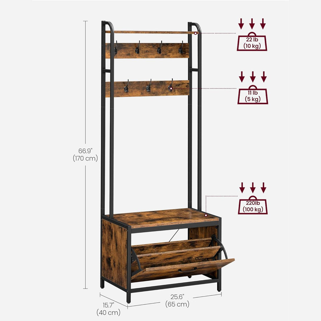 Vešiak na kabáty s úložným priestorom na topánky, predsieňová stena, rustikálny hnedý-Vashome.sk